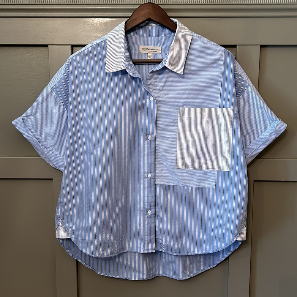 Current/Elliott Sierra Color Block Button Down Shirt Blue Stripe Cotton XL